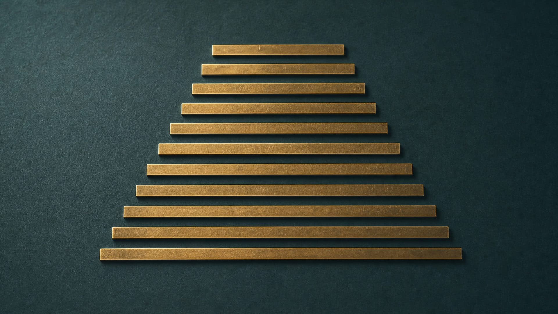Twelve slim brass rules of increasing length stacked one above another on a deep teal ground, each one slightly longer than the rule above it.
