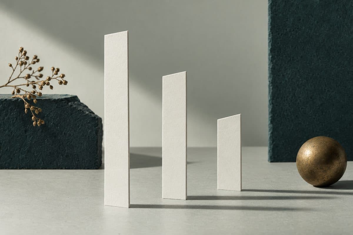 Three narrow strips of off-white card of three different lengths standing on edge on a pale ground, each casting a thin shadow.