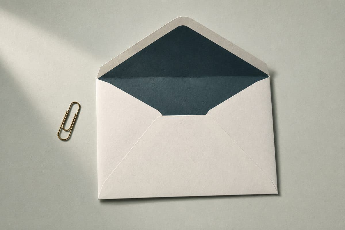 A plain off-white envelope lying open and empty on pale paper, seen from directly above, with a brass paperclip beside it.