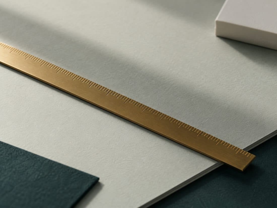 A slim brass ruler lying diagonally across pale paper, its engraved tick marks catching a low raking light.