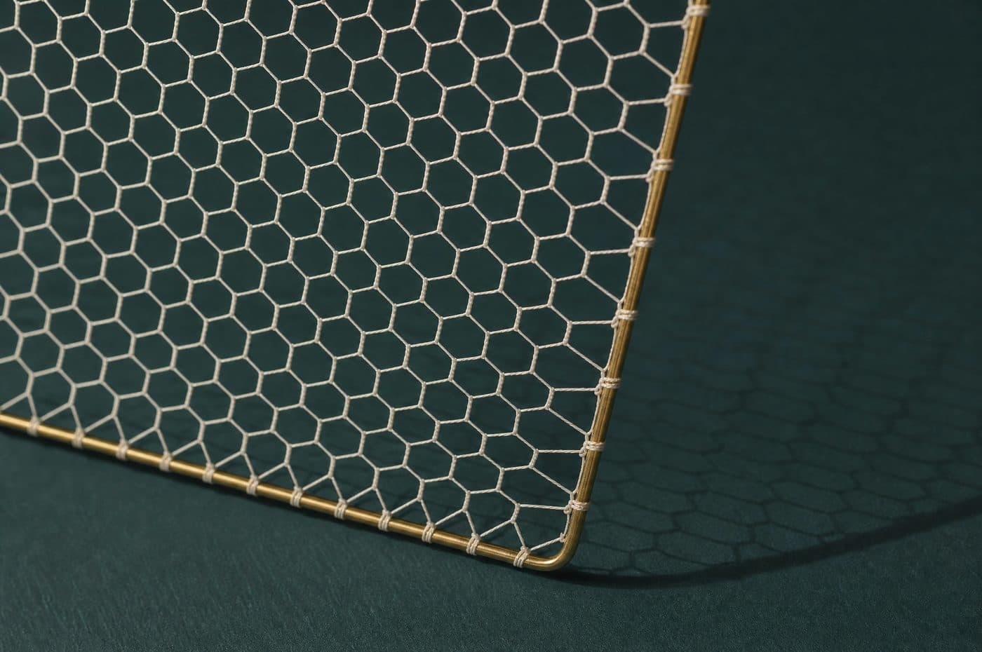 A fine hexagonal net of off-white thread stretched taut over a slim brass frame, its shadow falling on the deep teal ground behind it.