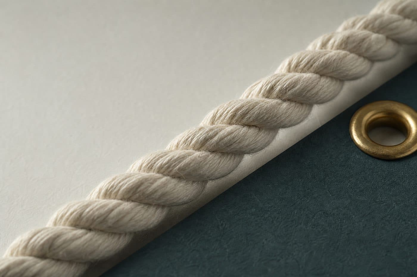 A thick natural rope in a tight, even three-strand braid, laid diagonally across a deep teal ground.